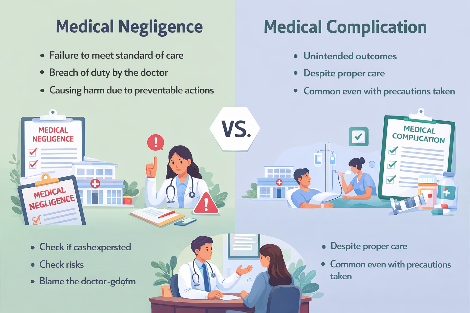 Doctor explaining medical report and legal difference between negligence and complication