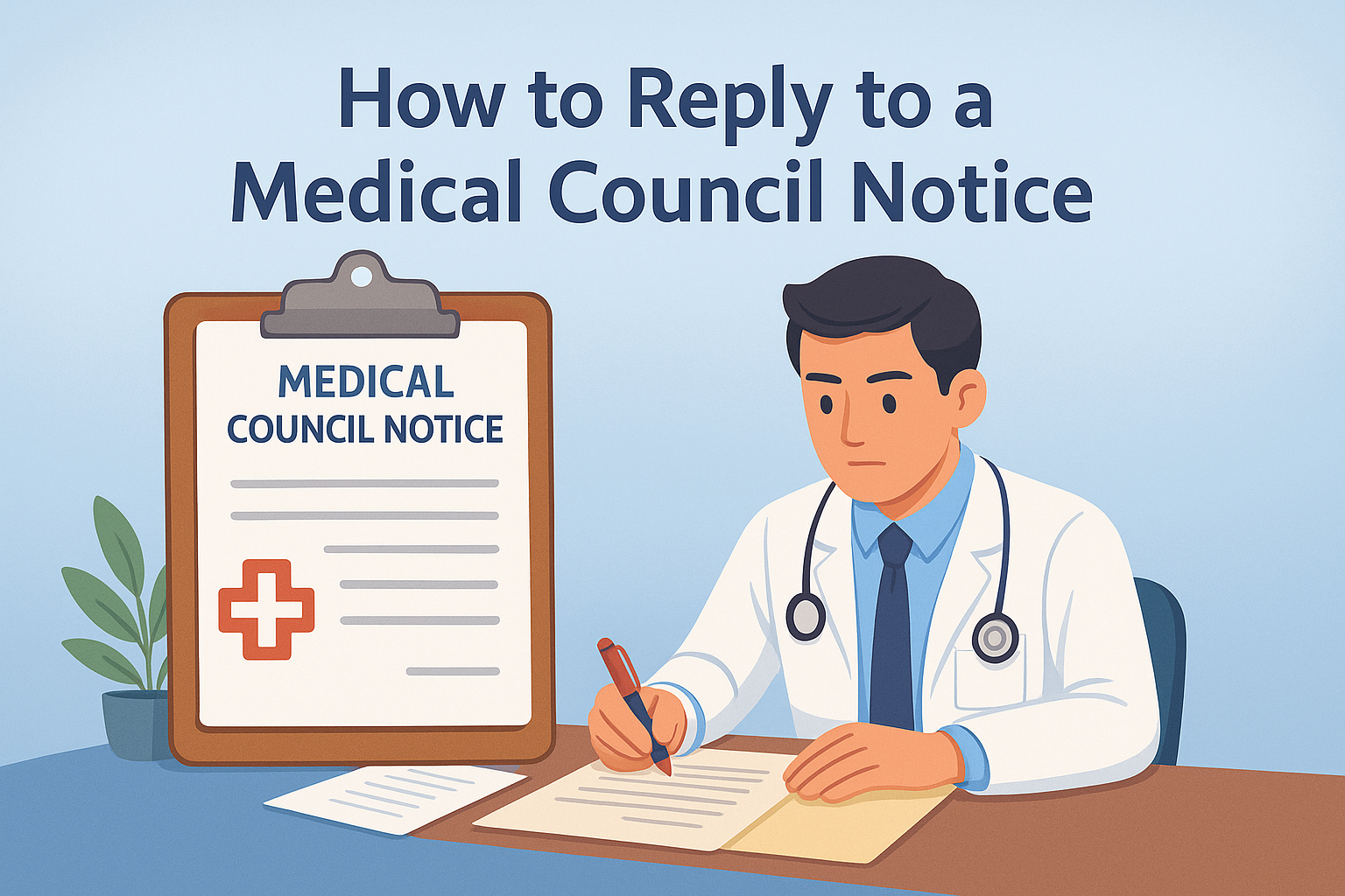 Doctor reading a legal notice with medical files on desk